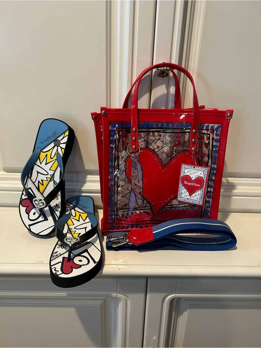 Brighton Red Heart-Accent Clear Tote Bag with Blue Strap+Sandals 7